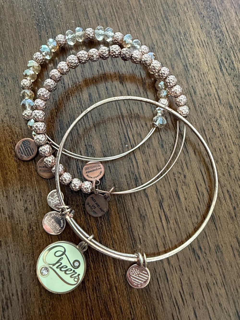 Alex and Ani Rose Gold and Champagne Crystal Bracelet Stack